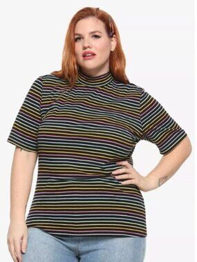 Hot Topic Black & Pastel Rainbow Stripe Mock Neck Tee – Size 2X